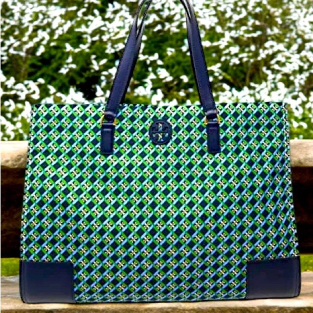 Tory Burch Women's Ella Nylon Printed Tote Navy Multi Geo Logo Bag - Picture 1 of 6